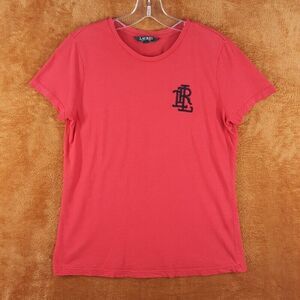 LAUREN RALPH LAUREN Womens Top Medium Red Pullover Crew Beaded Logo Tee